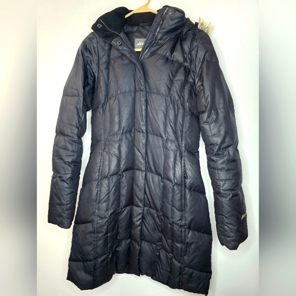 Eddie Bauer Parka Jacket Black Coat Down Puffer Faux Fur Hood Size XS